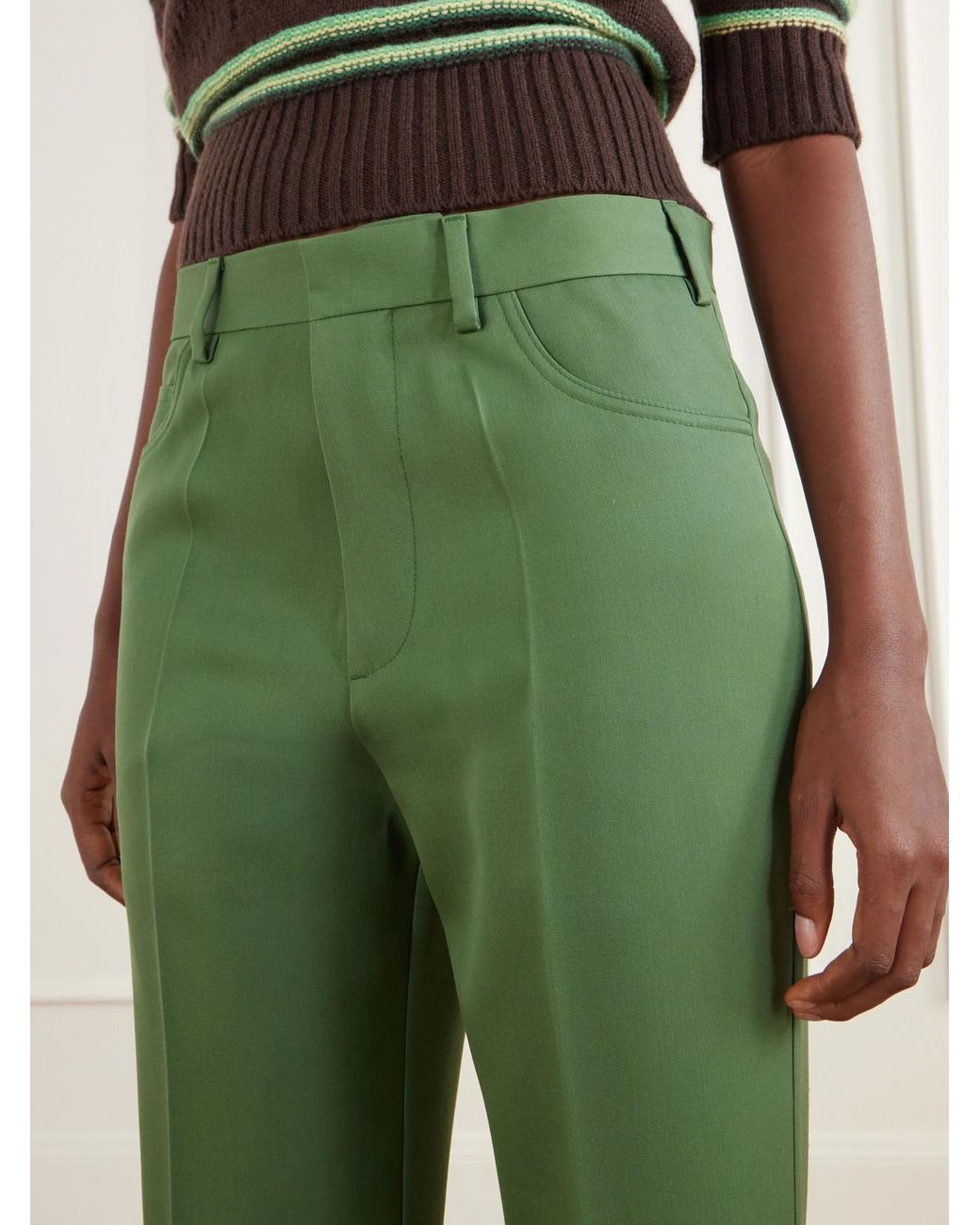 Marni Green Wool-Gabardine Low-Rise Straight-Leg Pants