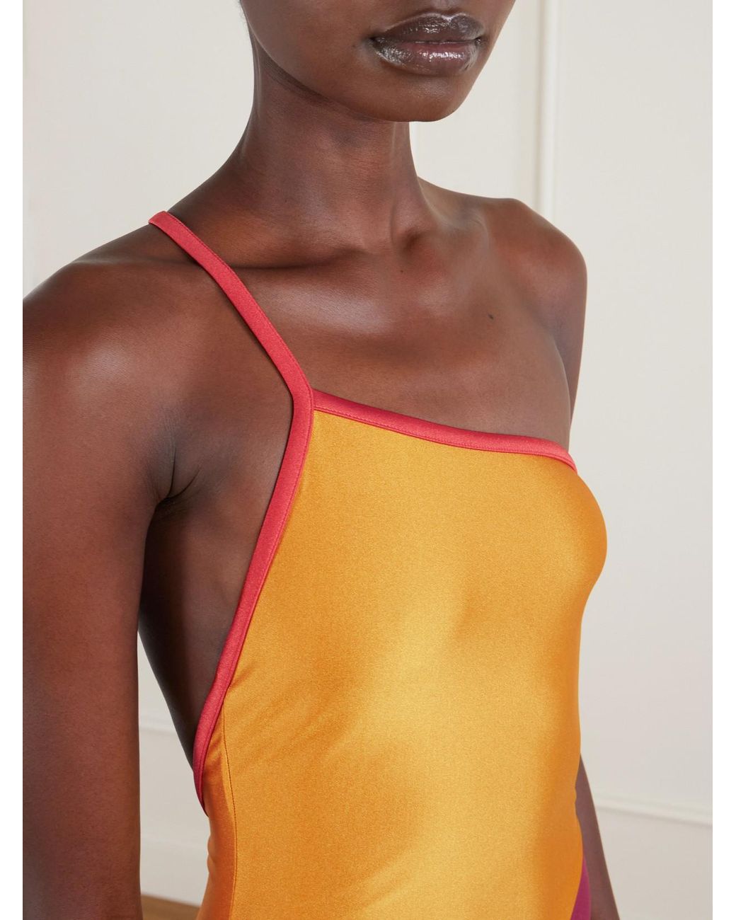 Saint Laurent Pink One-Shoulder Color-Block Swimsuit