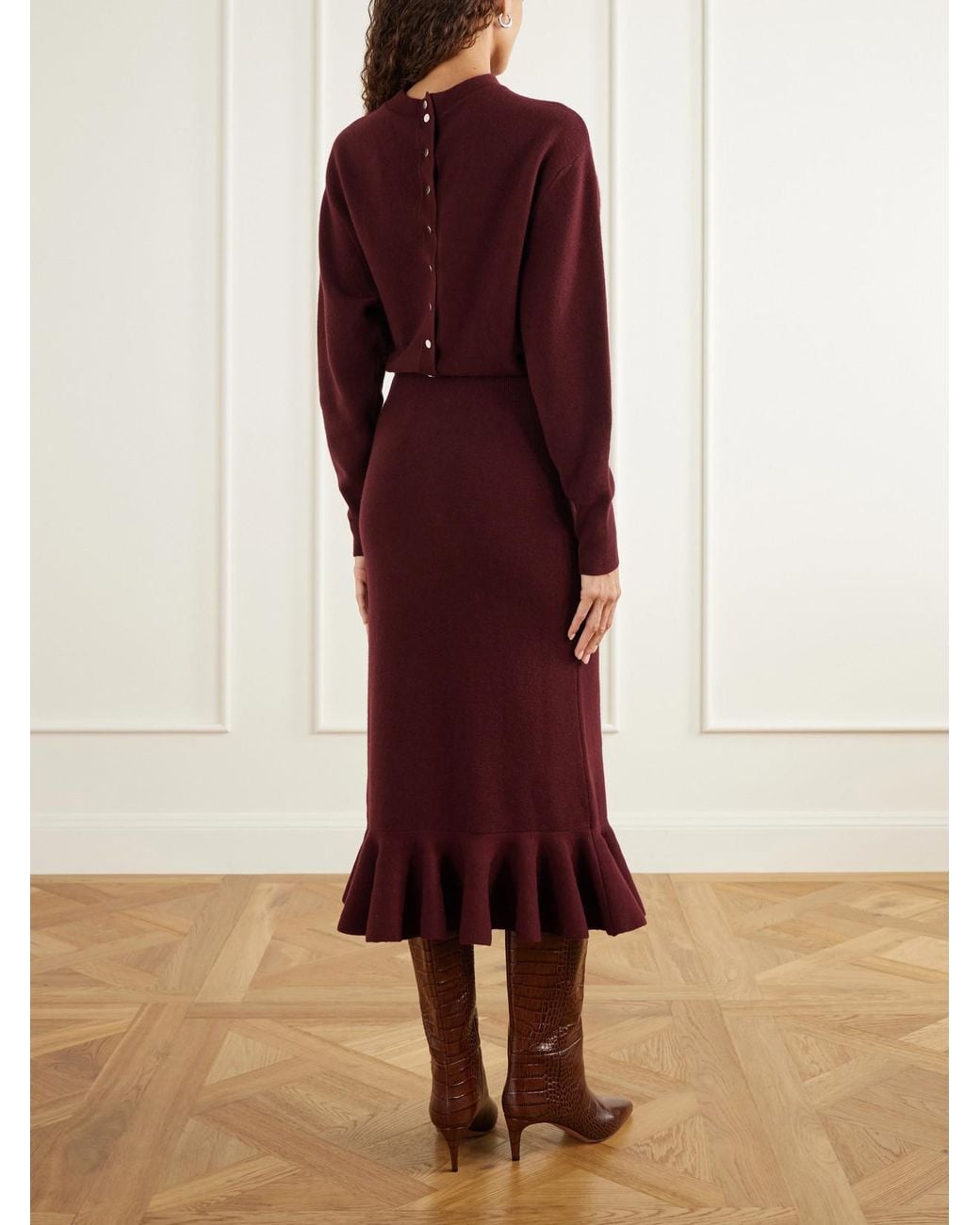 Lanvin Red Peplum Ribbed-Trim Wool And Cashmere-Blend Midi Dress