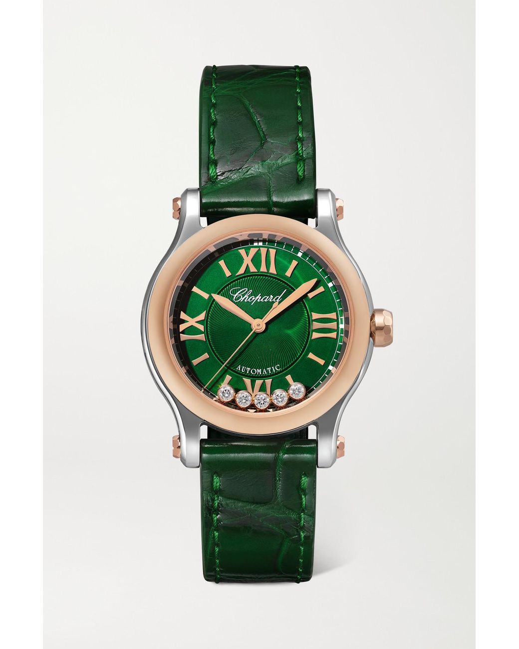 Chopard Happy Sport Automatic 30mm 18-karat Rose Gold, Stainless Steel,  Alligator And Diamond Watch in Green | Lyst