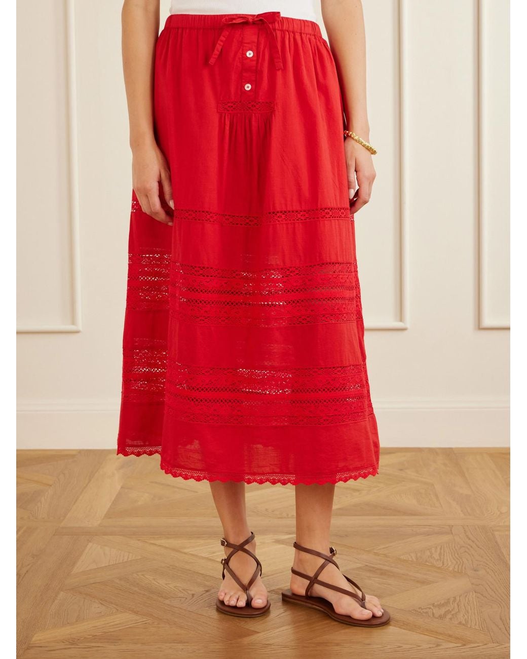 Sea Red Pippa Lace-Trimmed Cotton Midi Skirt