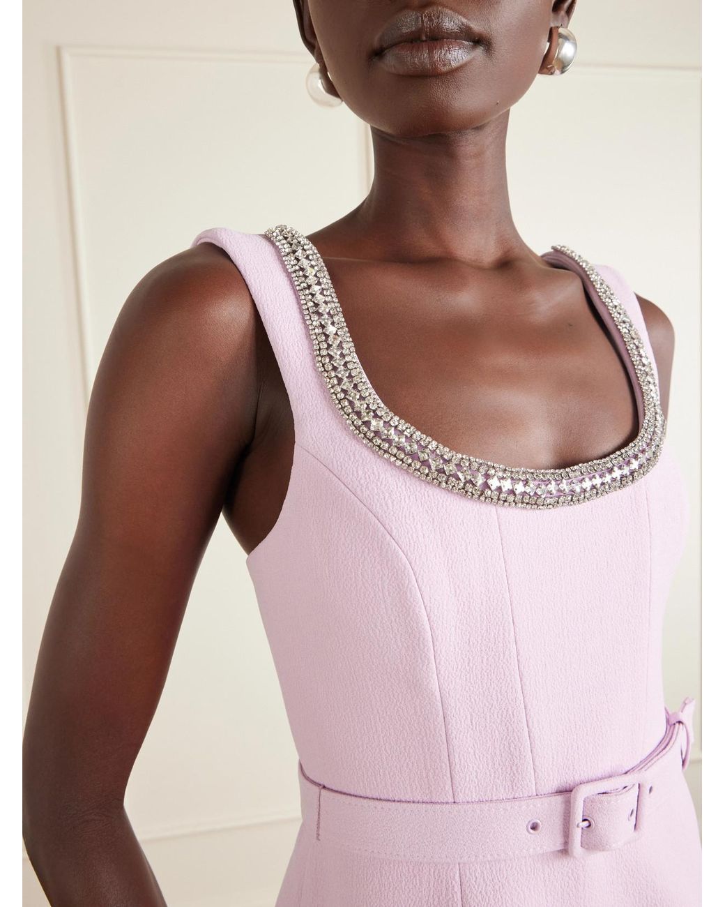 Rebecca Vallance Pink Yolanda Belted Crystal-Embellished Crepe Midi Dress