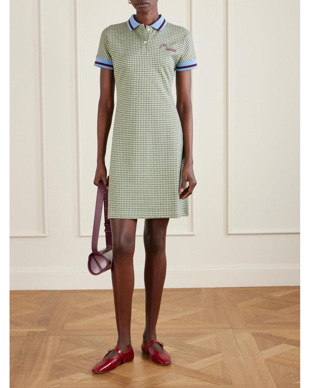 Marni Green Embroidered Checked Knitted Mini Dress