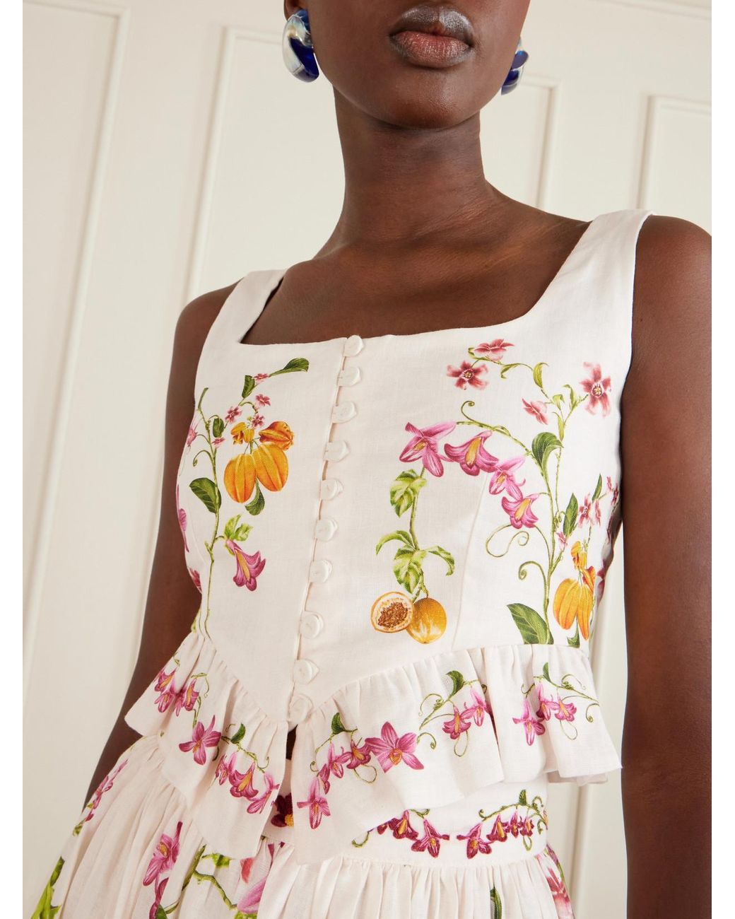 Agua Bendita Pink Eslabón Cropped Ruffled Floral-Print Linen Top