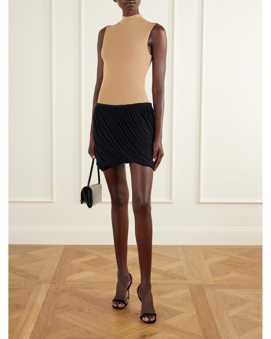 Abadia Black Draped Bead-Embellished Two-Tone Jersey Mini Dress