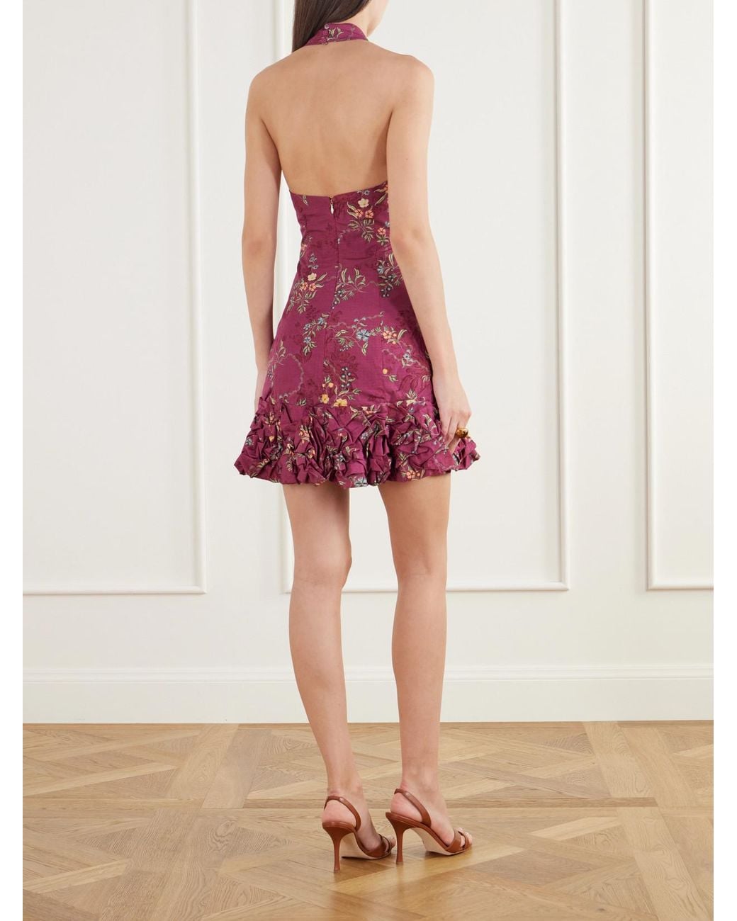 Agua Bendita Pink Cuenca Ruffled Floral-Print Cotton-Poplin Halterneck Mini Dress