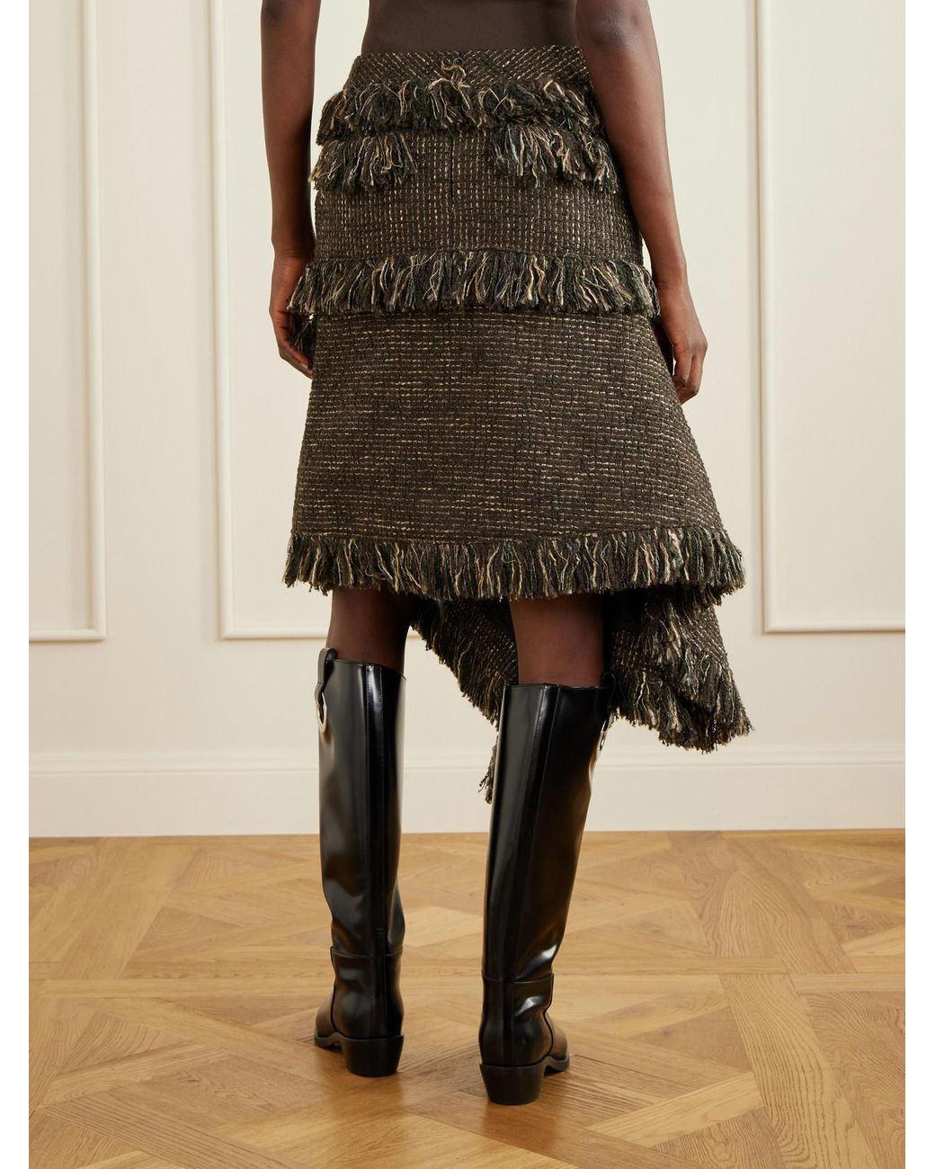 Sacai Brown Fringed Wool-Blend Tweed Midi Skirt