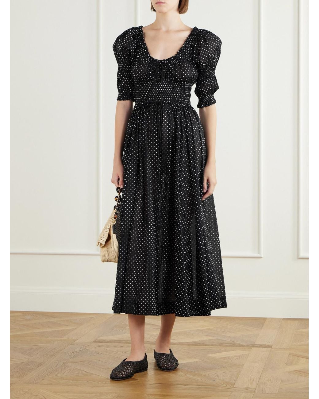 Doen Black Ischia Polka-Dot Organic Cotton-Voile Midi Dress