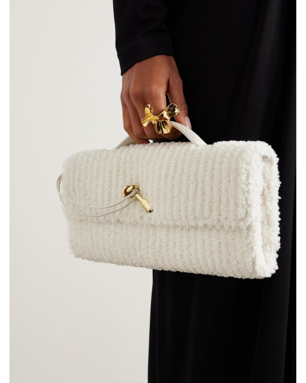 Bottega Veneta Natural Andiamo Long Leather-Trimmed Ribbed Bouclé Clutch