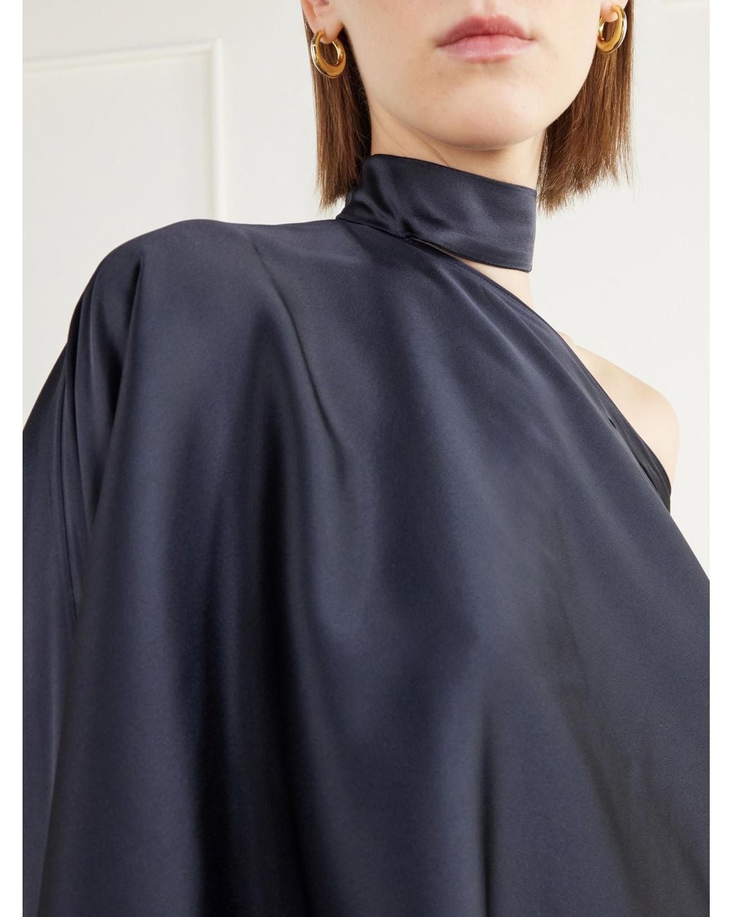 Taller Marmo Blue Brooks One-Shoulder Scarf-Detailed Satin Blouse