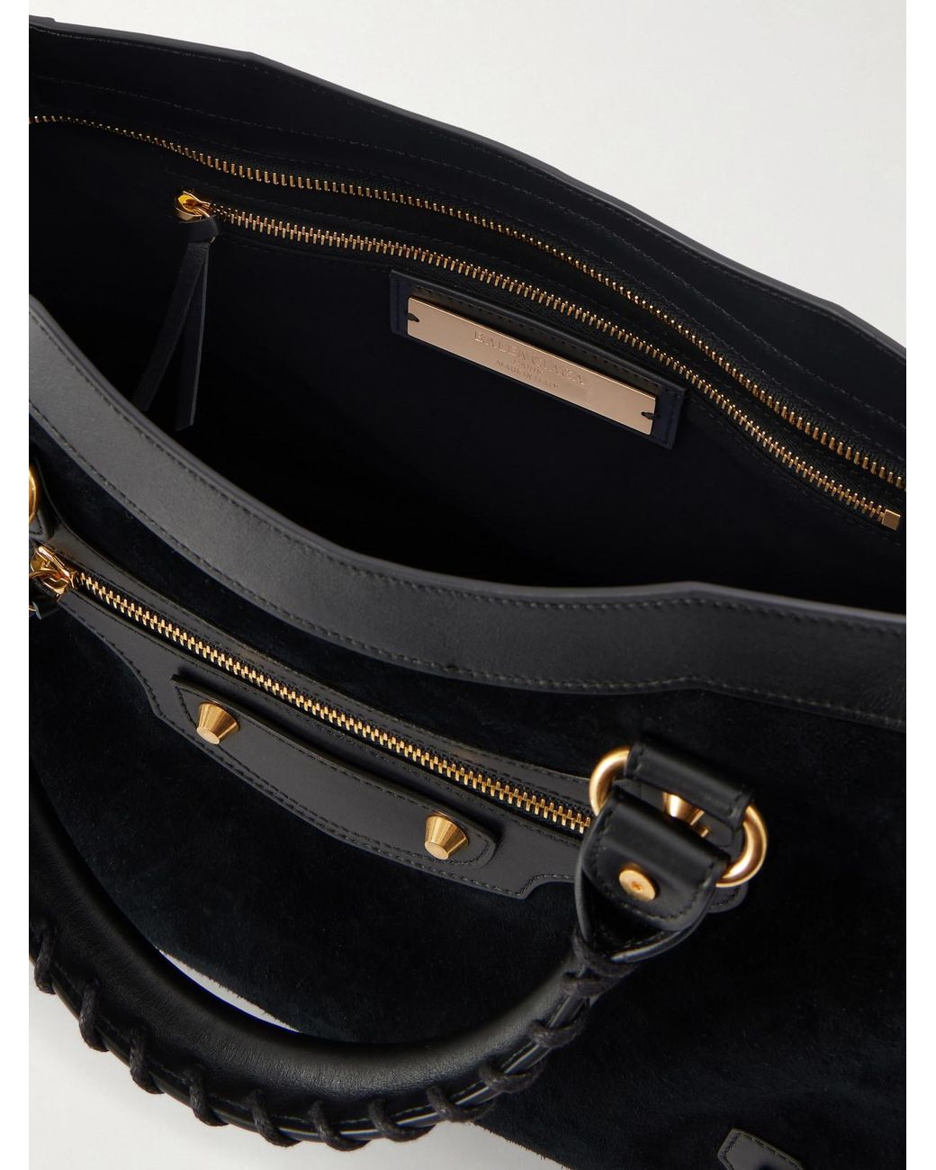 Balenciaga Black Le City Studded Leather-Trimmed Suede Shoulder Bag