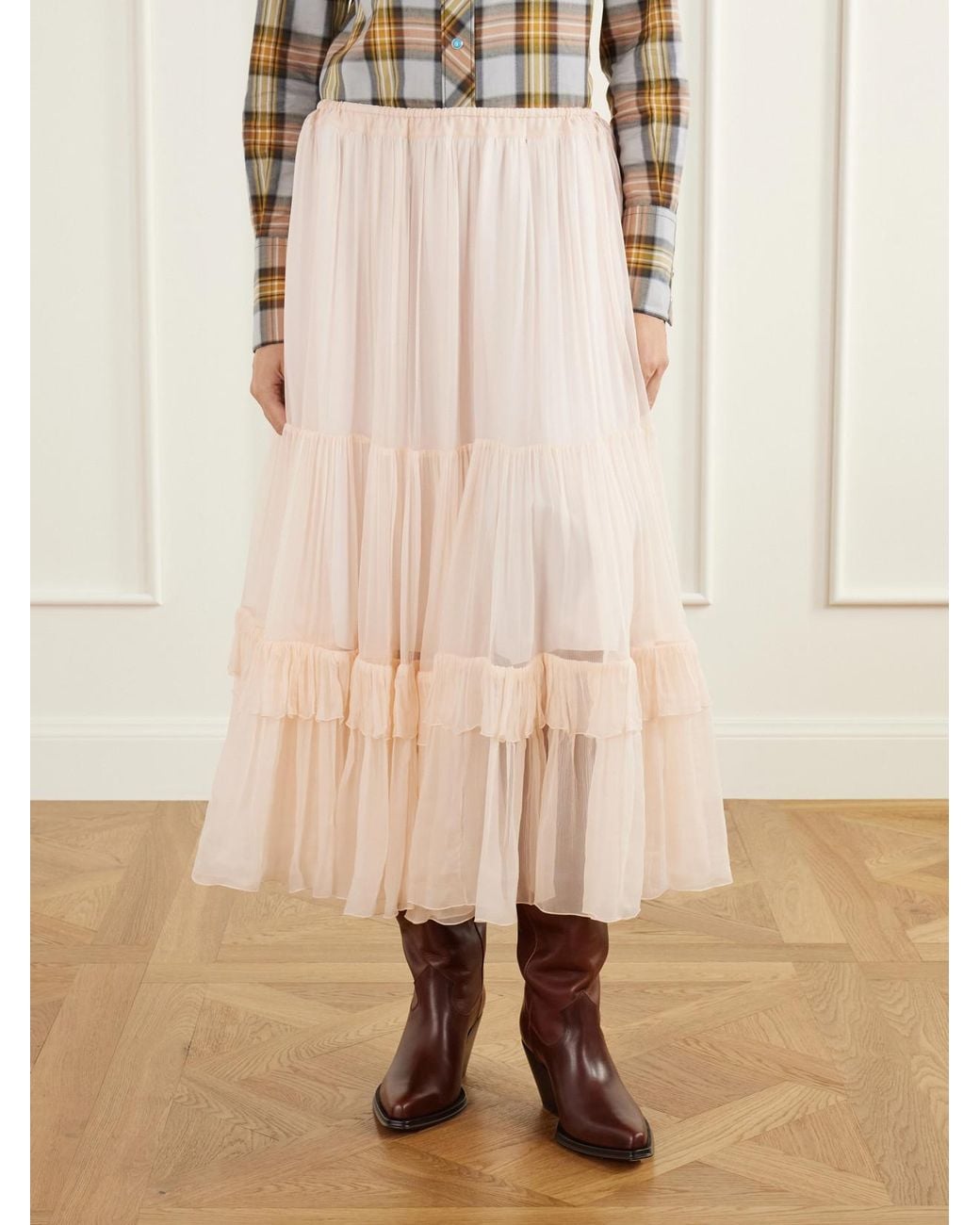 Chloé Natural Tiered Ruffled Silk-Mousseline Midi Skirt