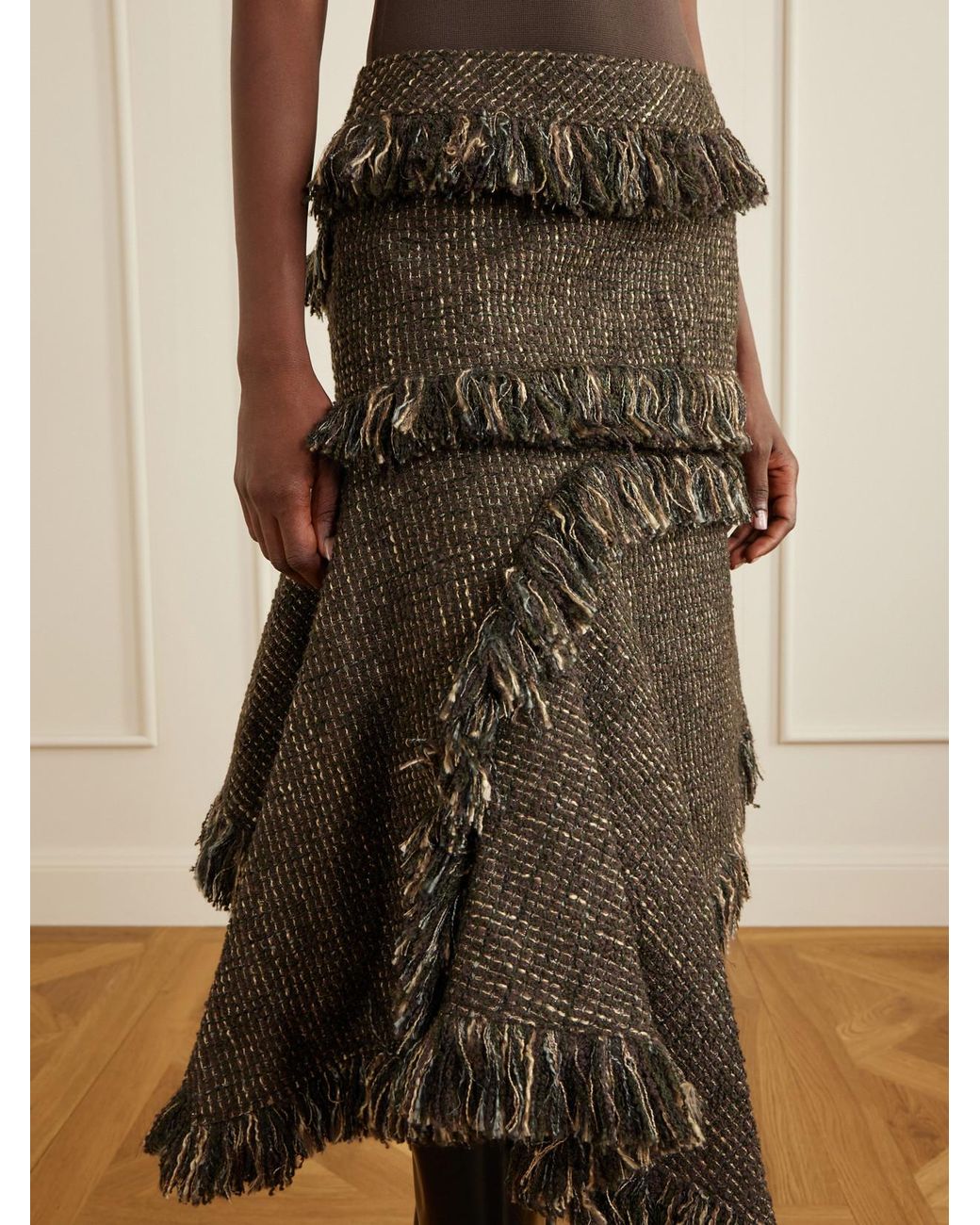 Sacai Brown Fringed Wool-Blend Tweed Midi Skirt