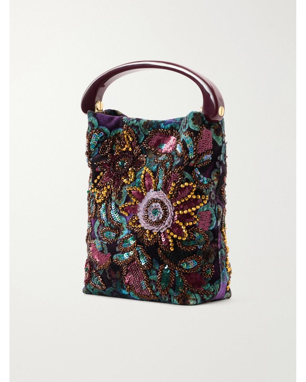 Dries Van Noten Black Bead-Embellished Printed Leather-Trimmed Velvet Top-Handle Bag