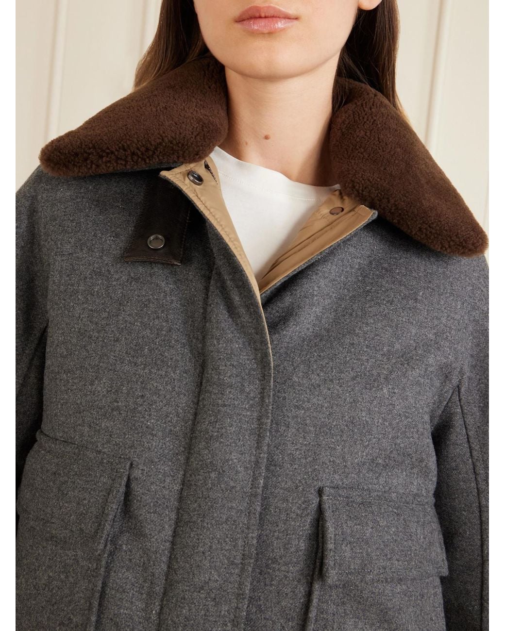 Brunello Cucinelli Gray Shearling-Trimmed Padded Wool And Cashmere-Blend Down Jacket