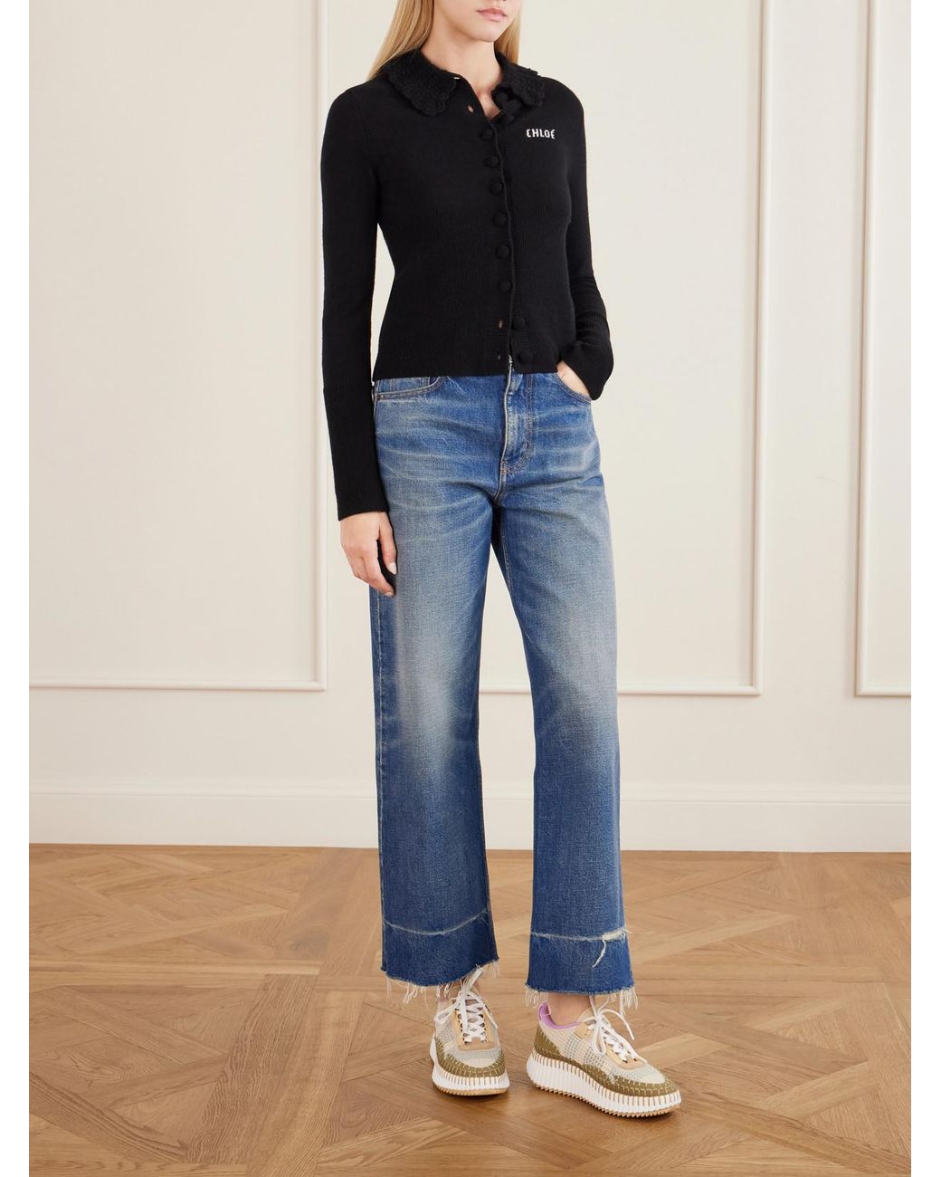 Chloé Natural Nama Embroidered Suede And Recycled-Mesh Sneakers