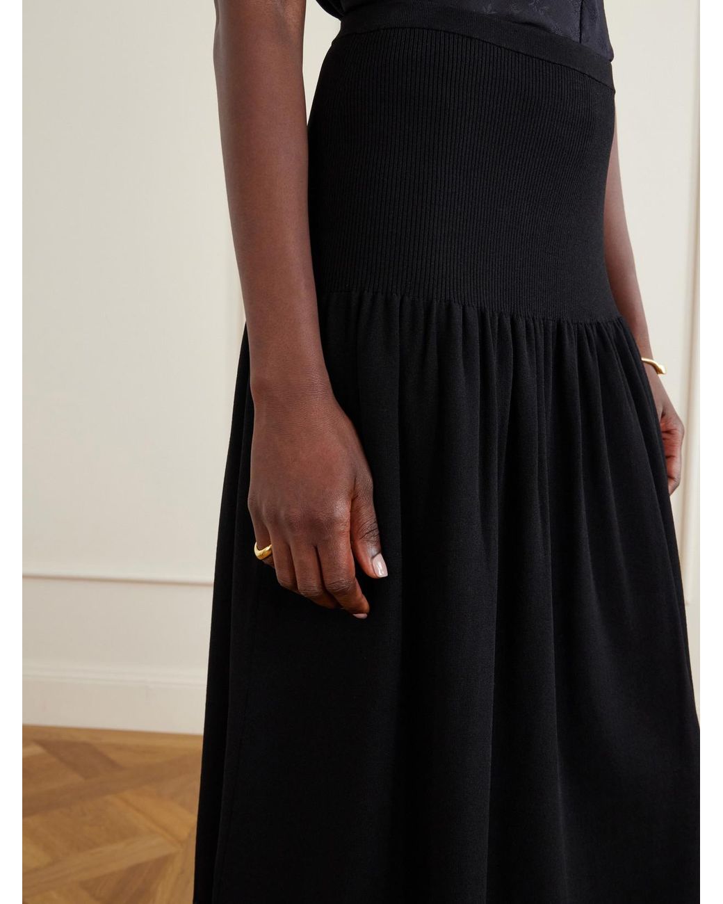 Ulla Johnson Black Leona Crochet-Trimmed Ribbed Midi Skirt