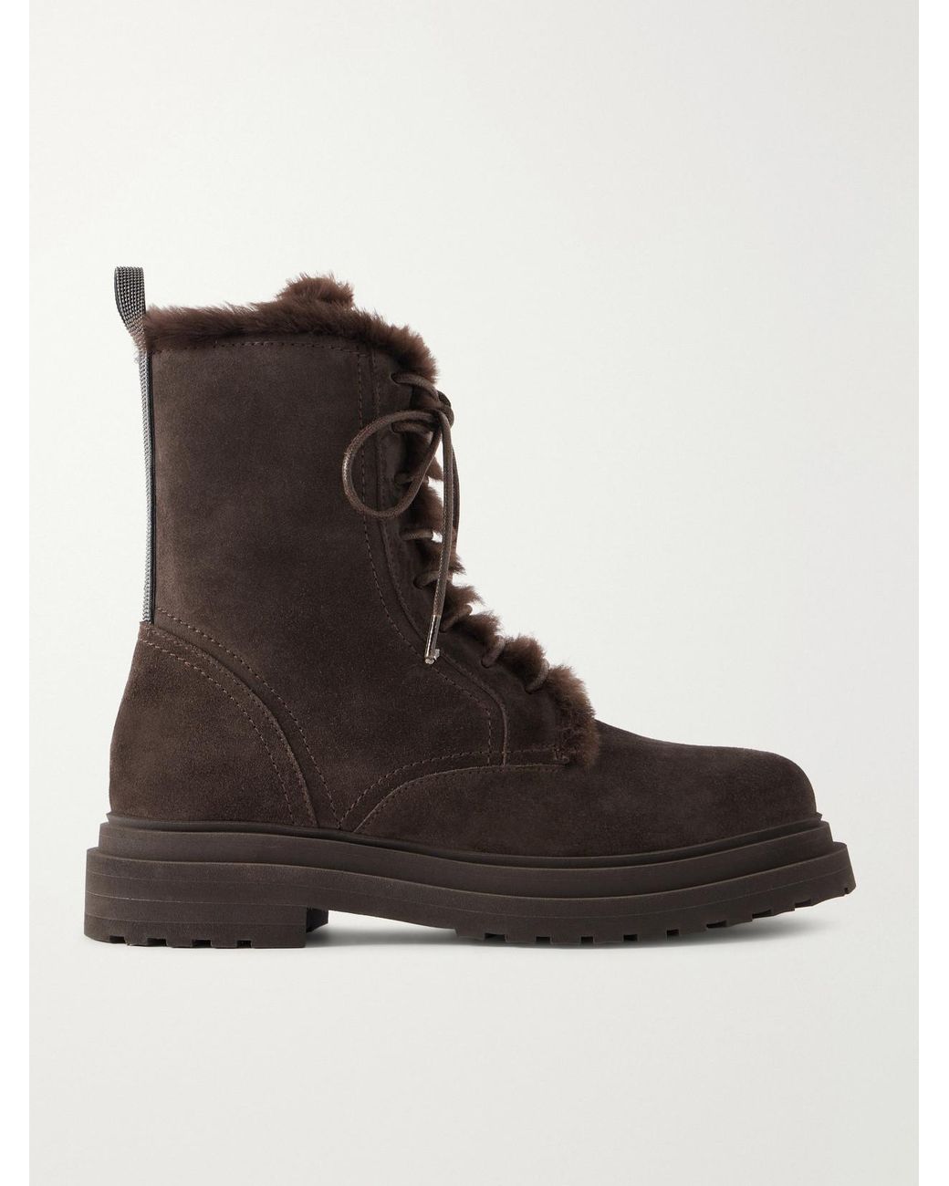 Brunello Cucinelli Black Bead-Embellished Shearling-Lined Suede Ankle Boots