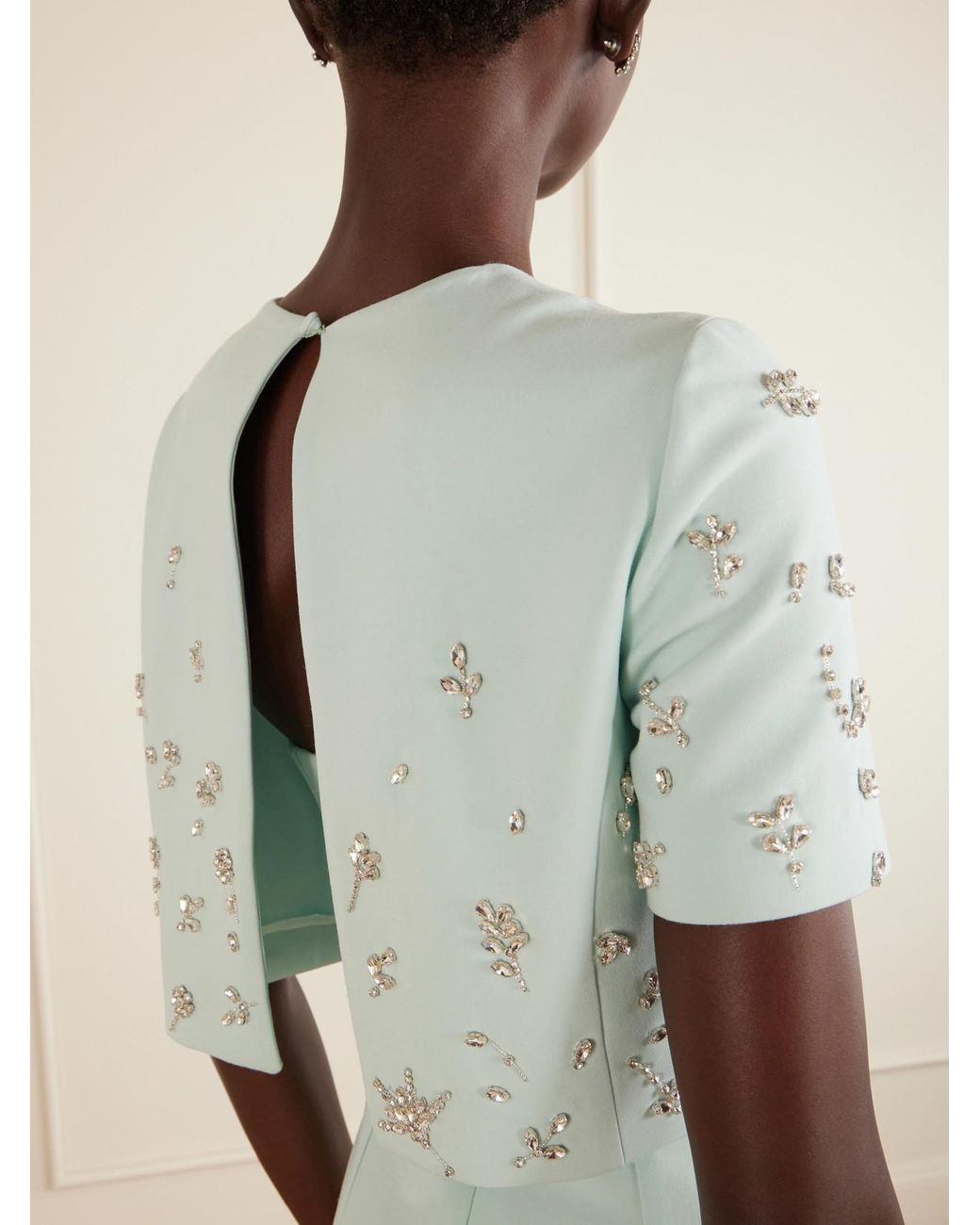 Oscar de la Renta Blue Crystal-Floral Embroidered Stretch-Wool Gown