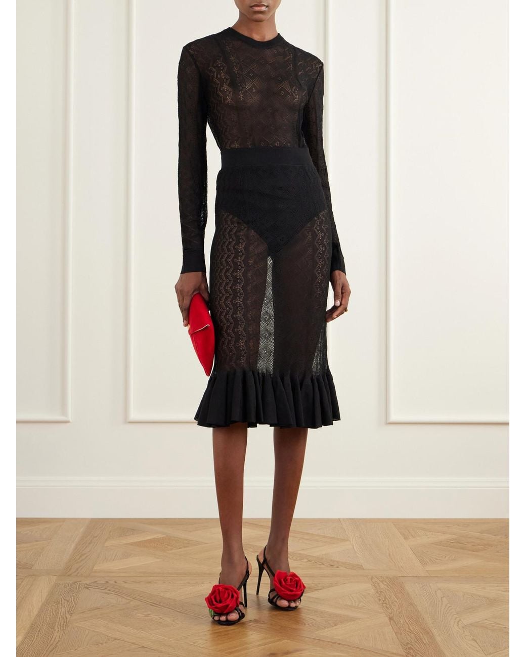 Dolce & Gabbana Black Ruffled Lace Midi Skirt
