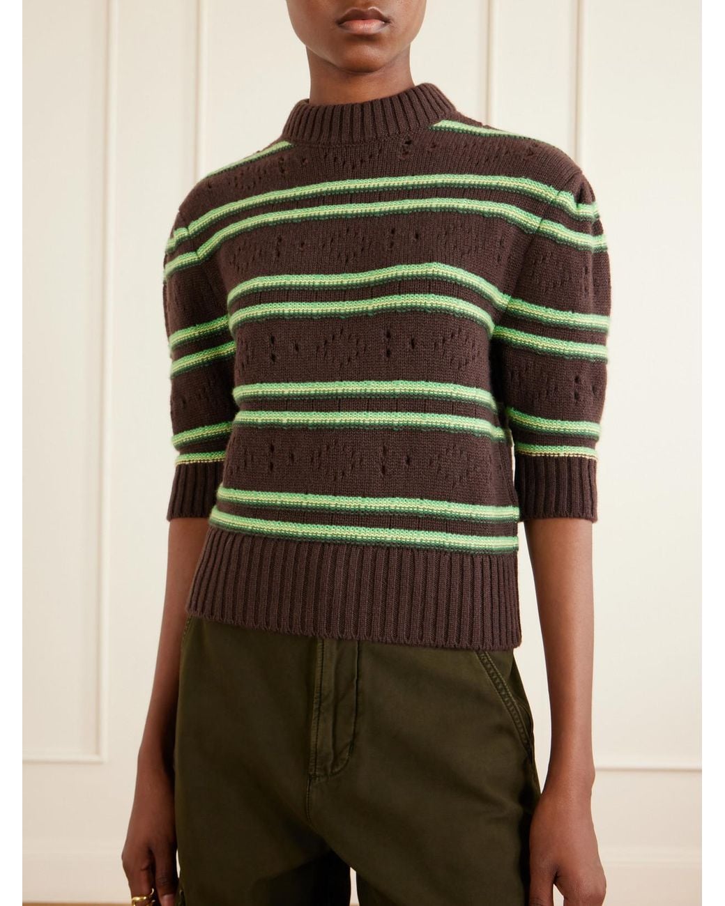 Marni Green Cropped Striped Open-Knit Cashmere Sweater