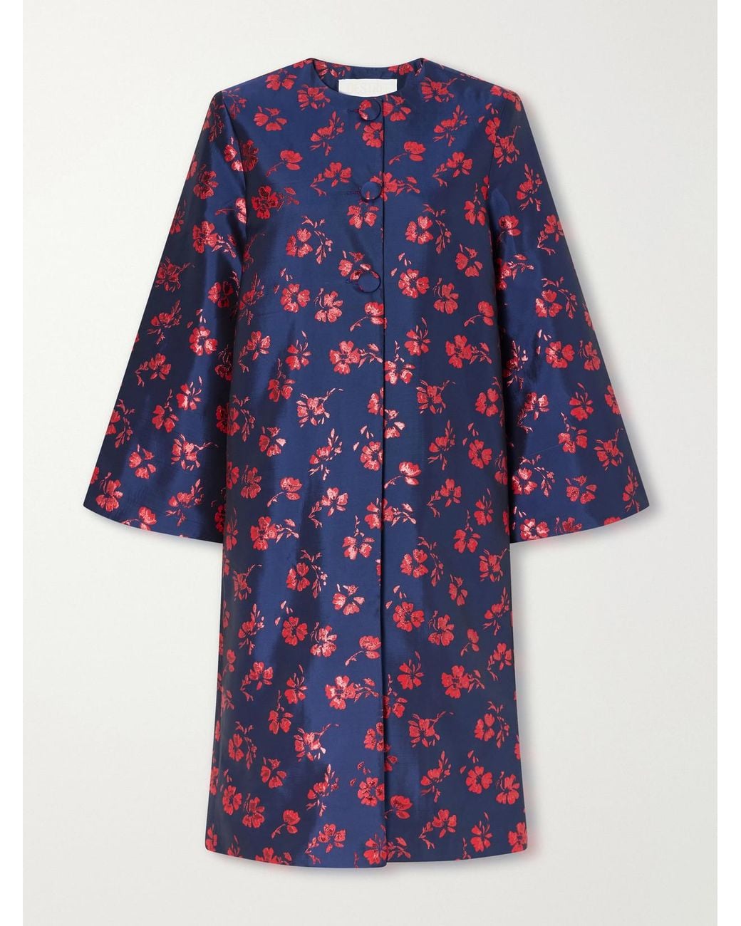 D'Estree Blue Ruby Floral-Jacquard Taffeta Coat