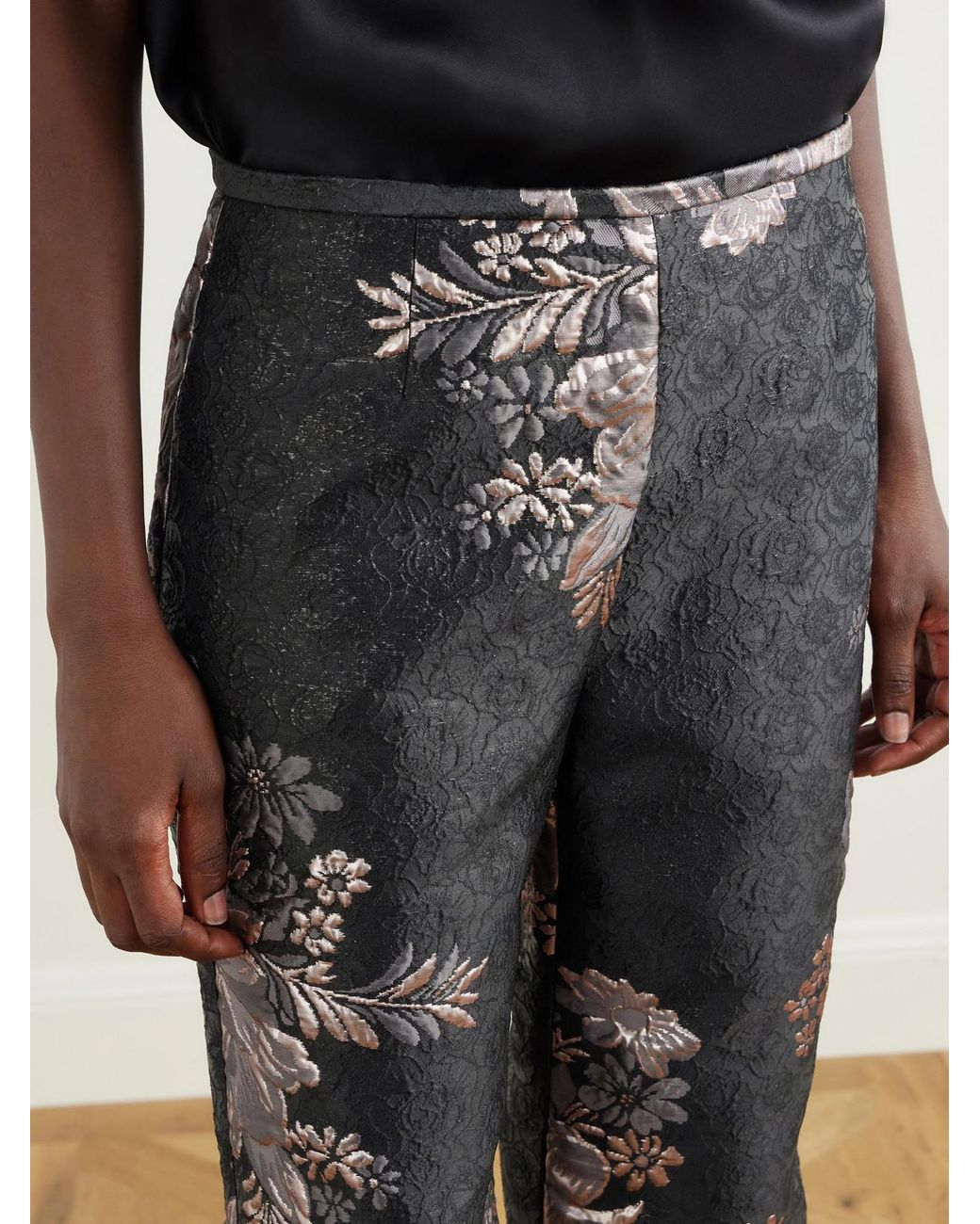Anna Sui Black Plush-Trimmed Arcadia Brocade Flared Pants