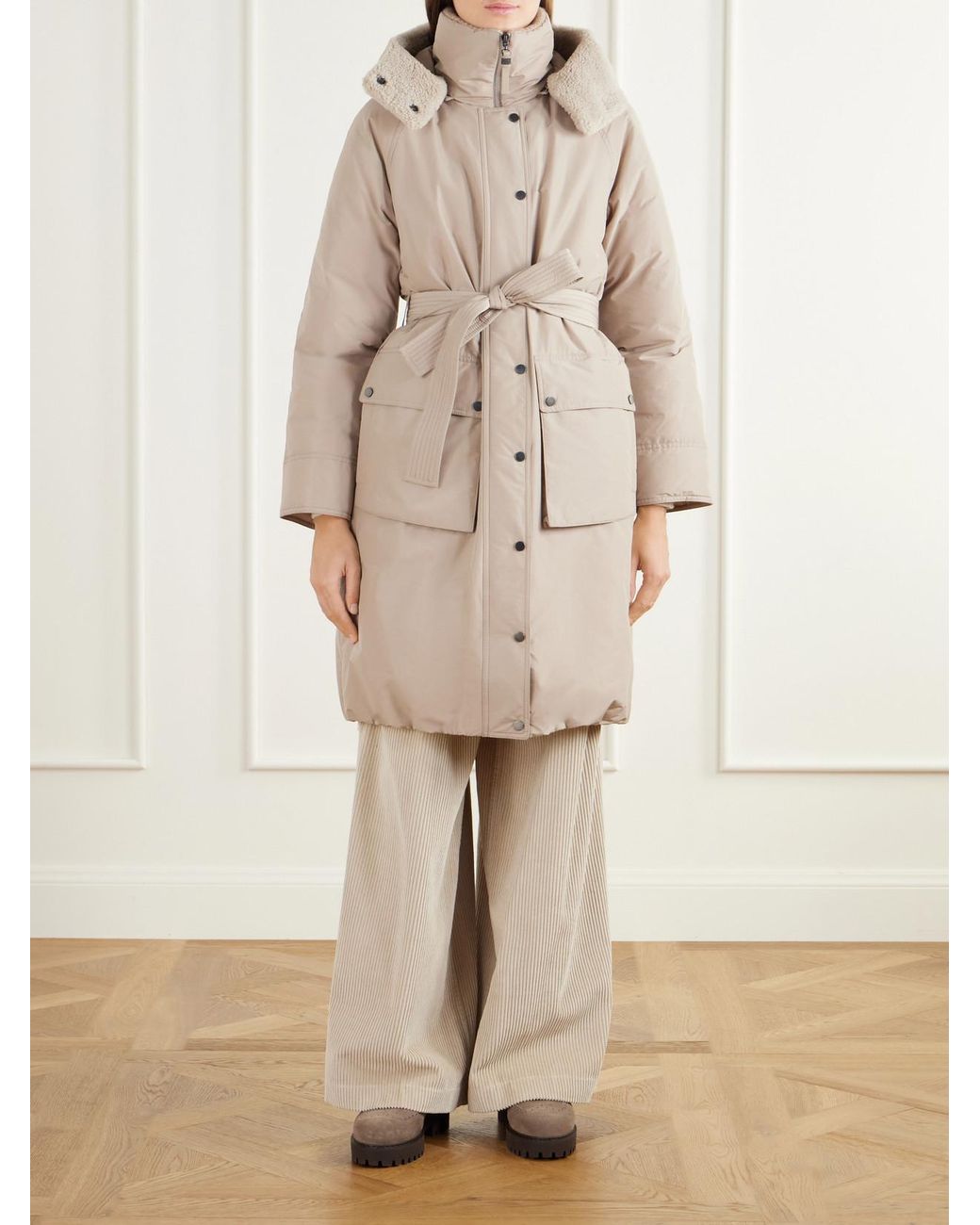 Brunello Cucinelli Natural Hooded Belted Plush-Trimmed Cotton-Blend Shell Down Coat