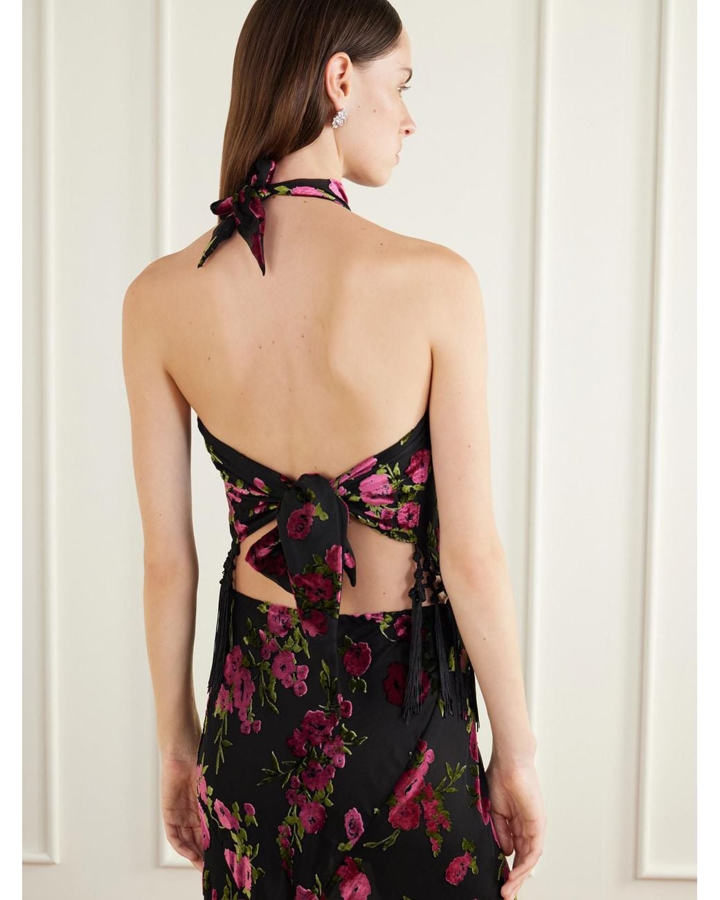 Anna Sui Black Floral-Flock Fringe-Trimmed Crepe Halterneck Top