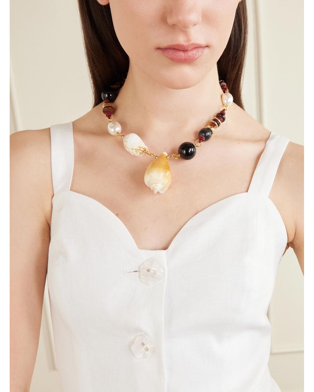 Tohum Design Natural Samsara-Plated, Onyx, Leather And Seashell Beaded Necklace
