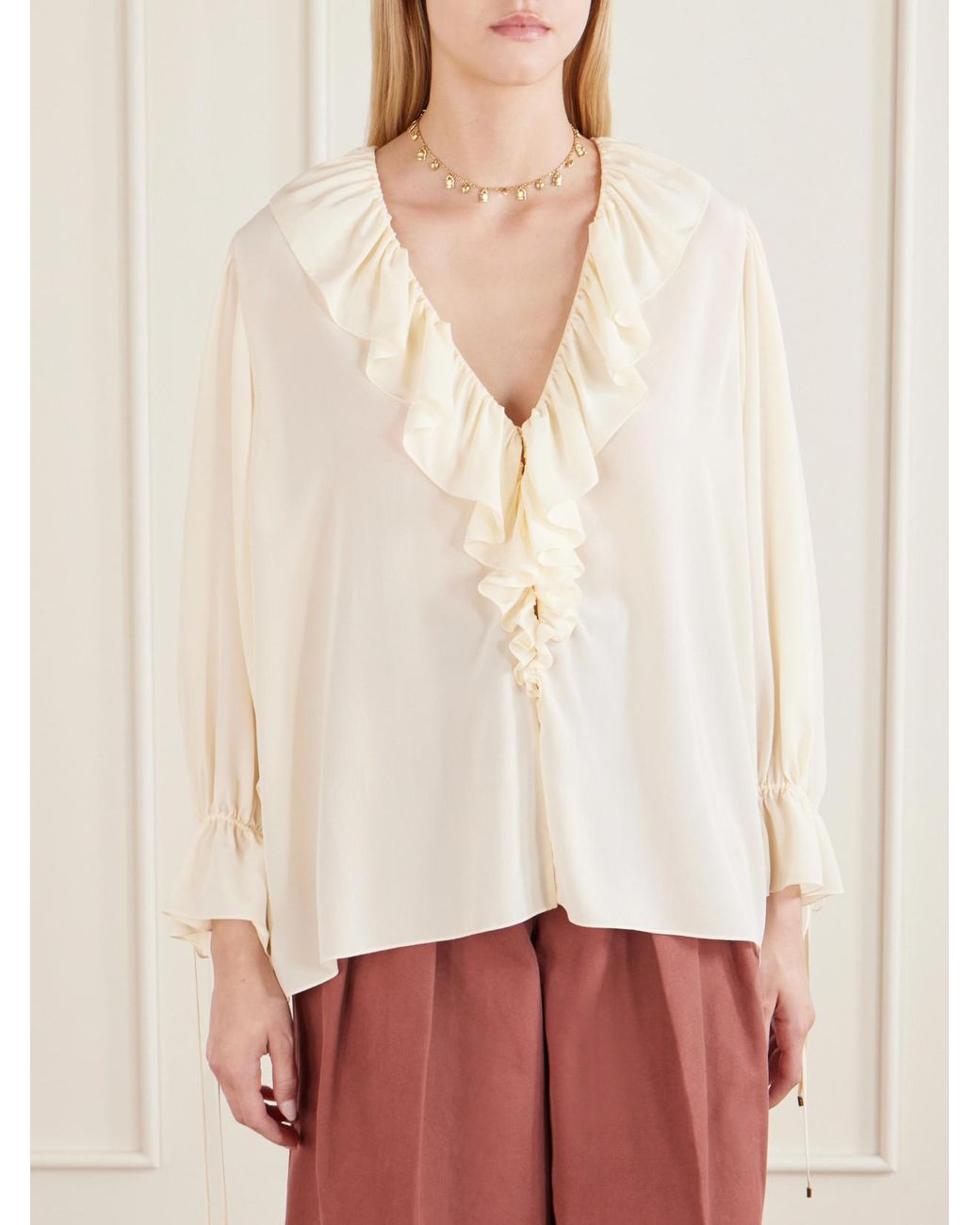 Chloé Natural Ruffled Silk Crepe De Chine Blouse
