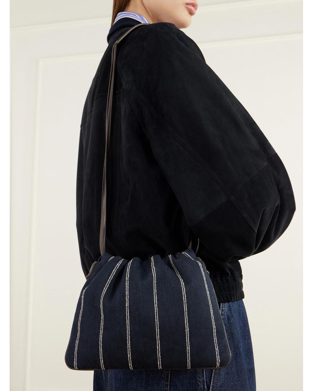Brunello Cucinelli Blue Pinstriped Leather-Trimmed Denim Shoulder Bag