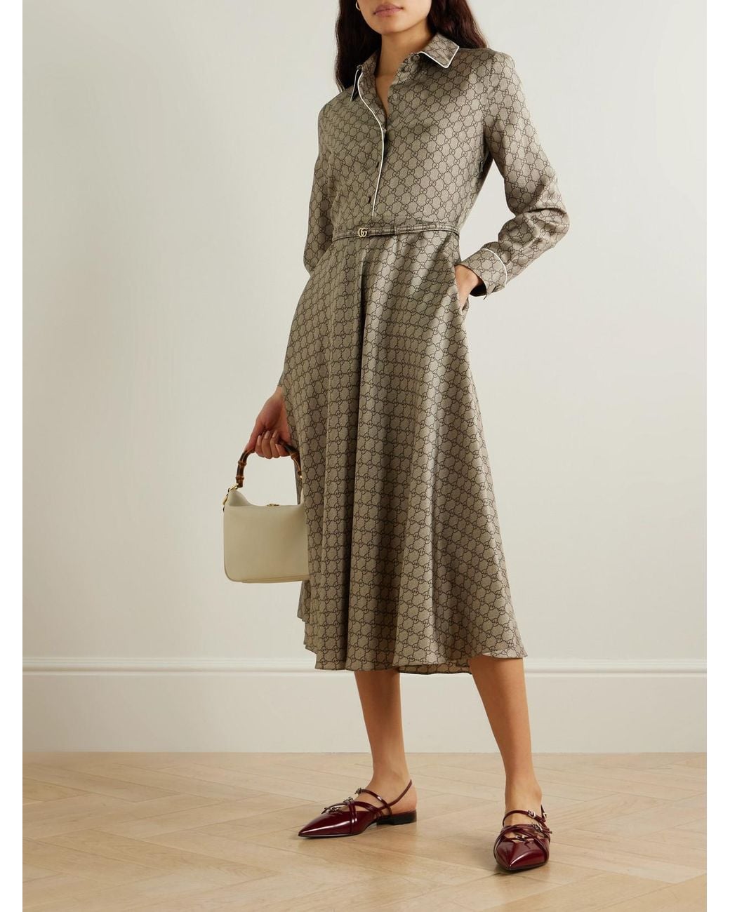 Gucci Natural Belted Piped Printed Silk-Twill Midi Shirt Dress