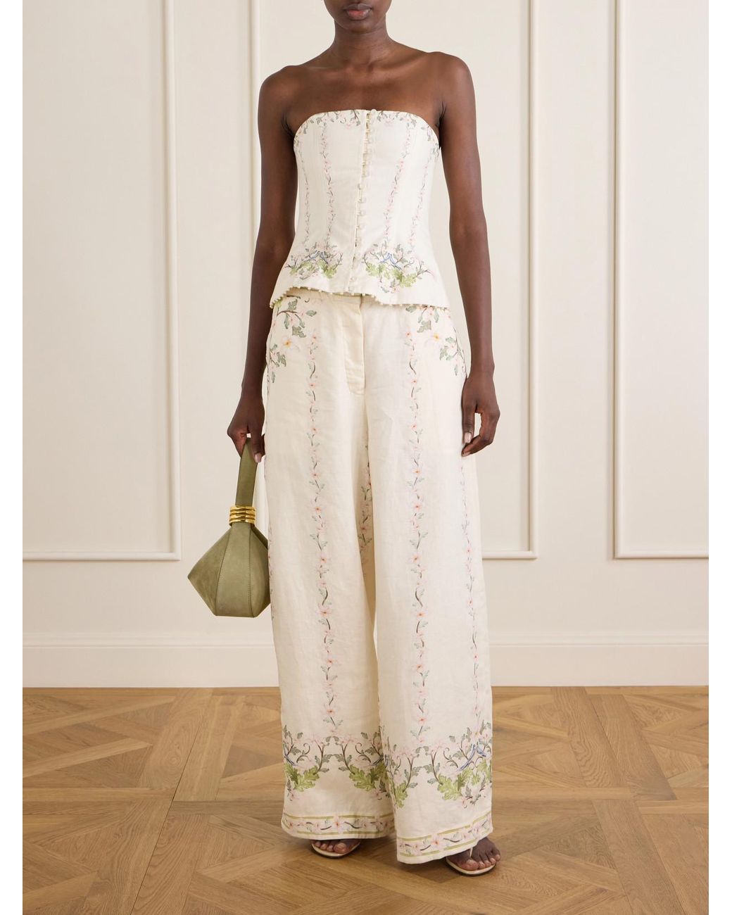 Agua Bendita Natural Tota Anhelo Embellished Floral-Printed Linen Bustier Top