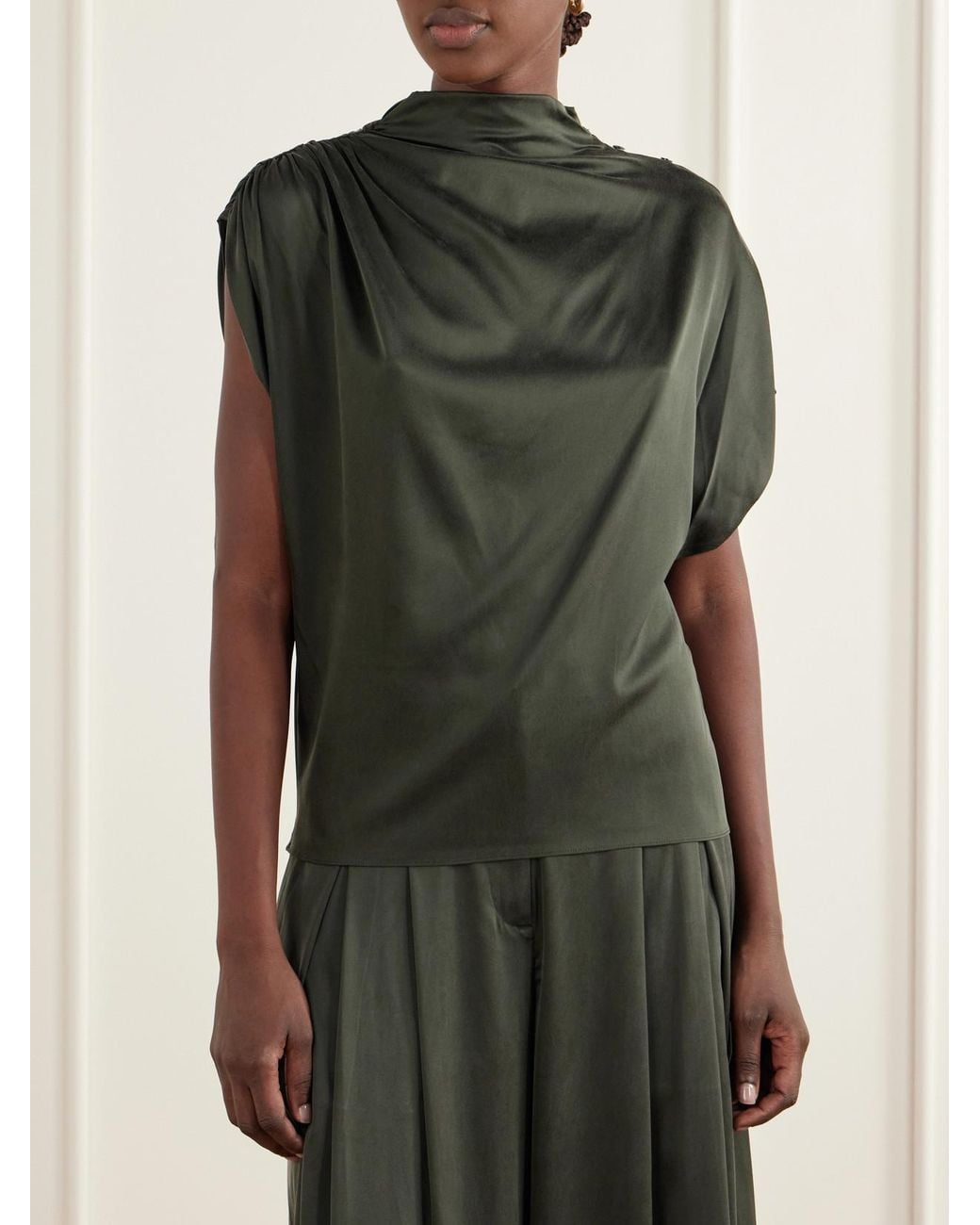 Twp Green Wish You Would Asymmetric Draped Silk-Blend Charmeuse Blouse