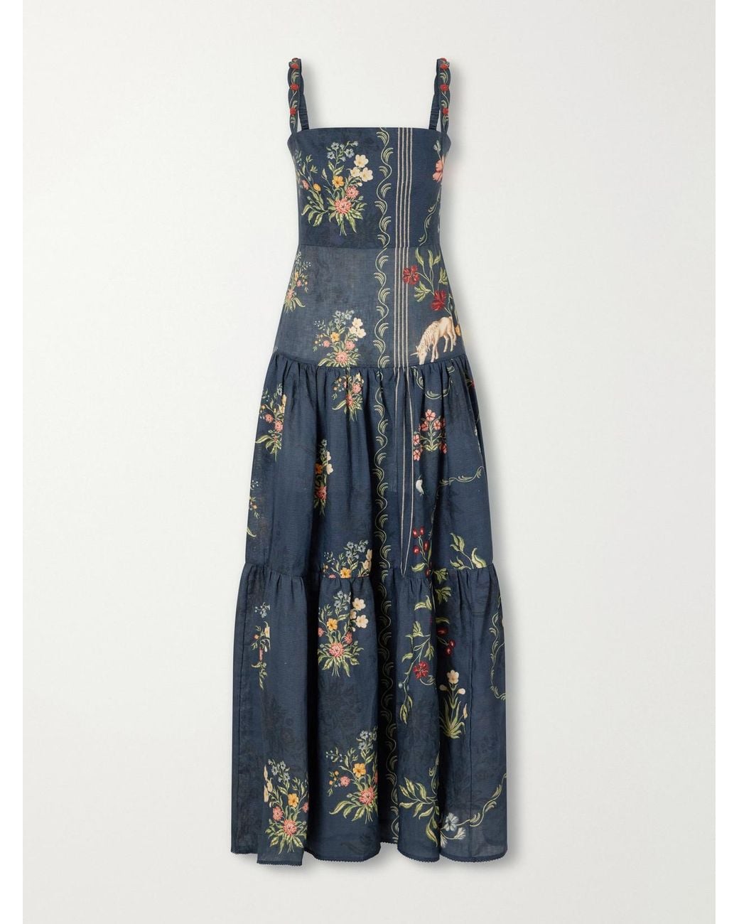 Agua Bendita Blue Lima Floral-Print Linen Woven Maxi Dress