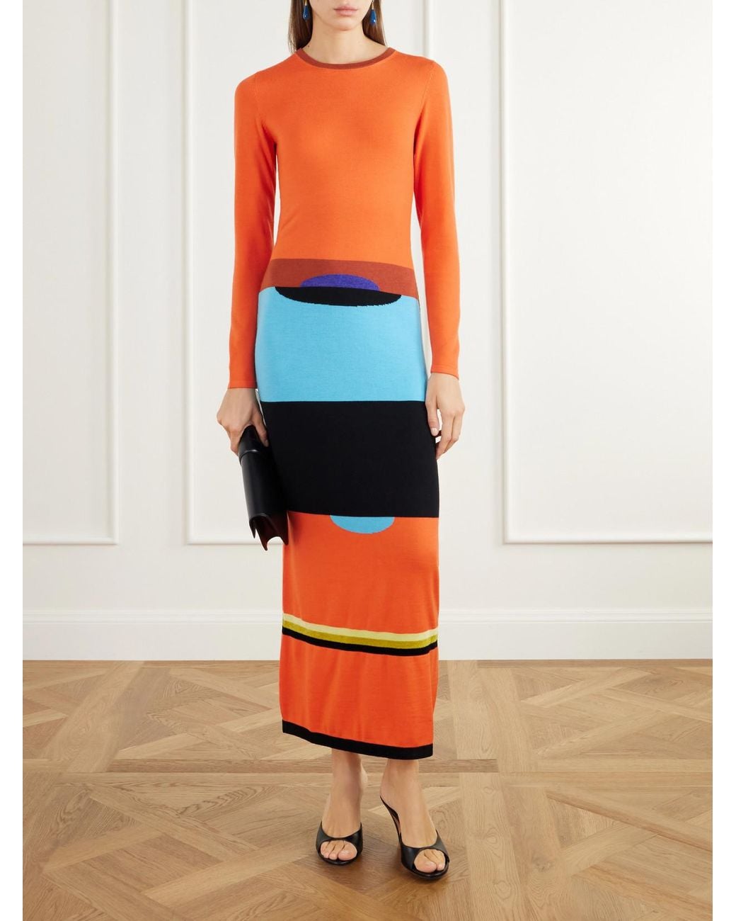 Christopher John Rogers Orange Striped Intarsia-Knit Merino Wool And Silk-Blend Maxi Dress
