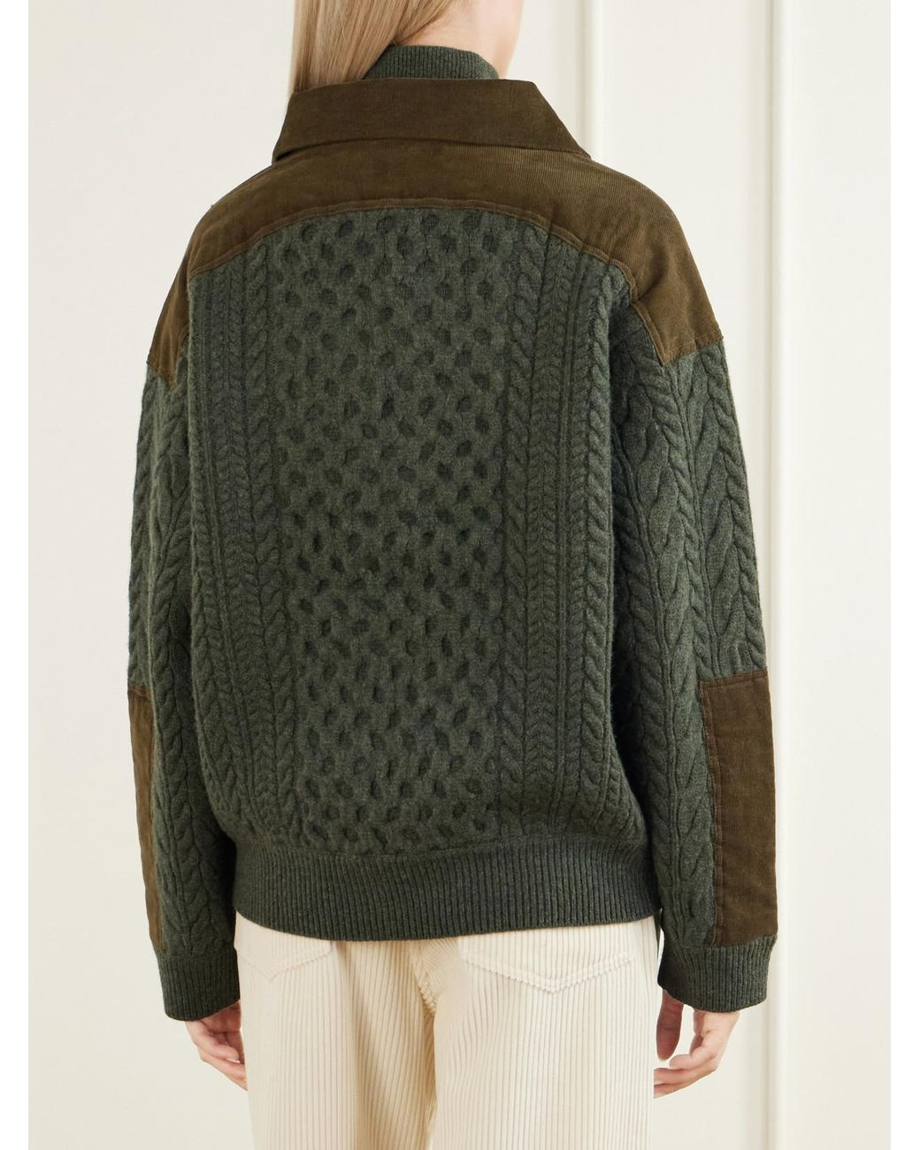 Sea Green Allen Cotton Corduroy-Trimmed Cable-Knit Wool Sweater