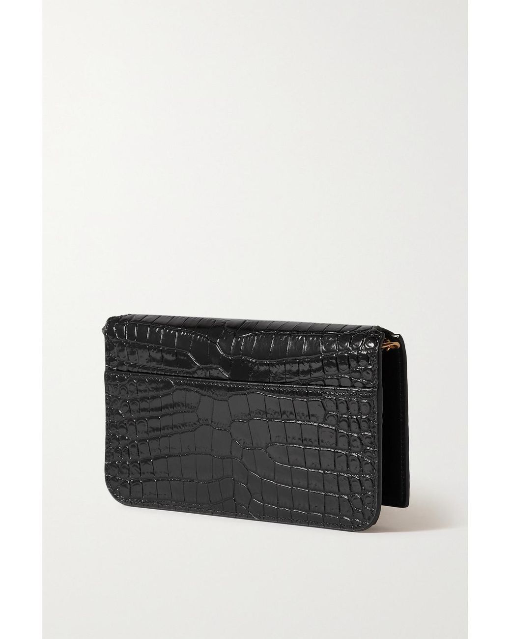 Saint Laurent Black Cassandre Strap Glossed Croc-Effect Leather Phone Case