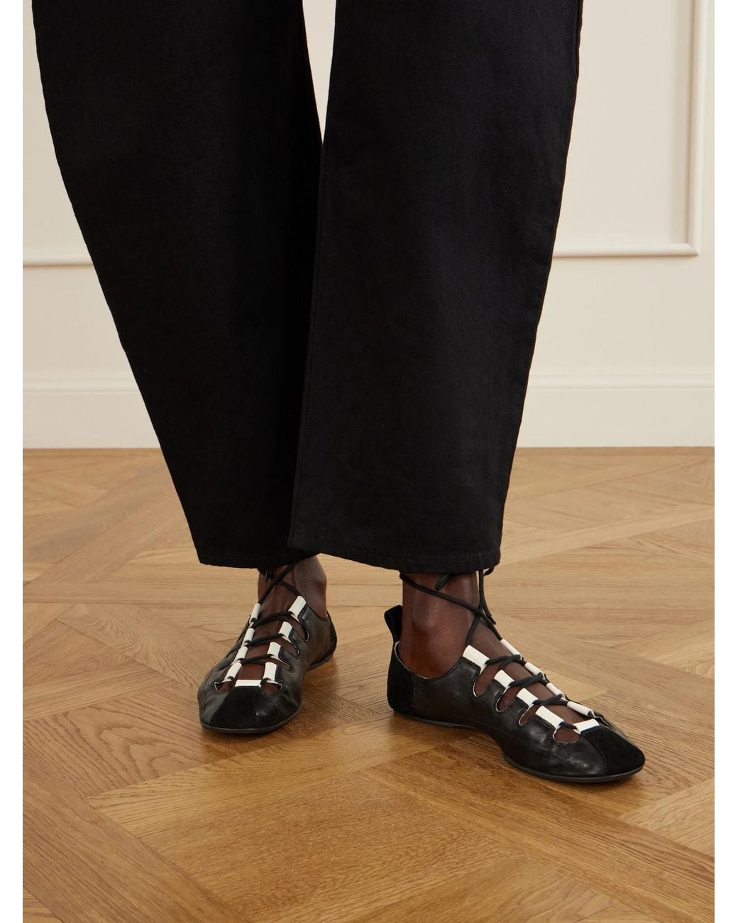 Alaïa Black Suede-Trimmed Leather Ballet Flats
