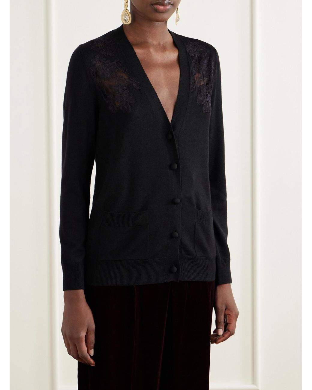 Valentino Garavani Black Lace-Trimmed Wool Cardigan