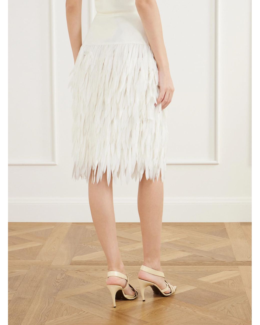 St. Agni White Rib-Trimmed Fringed Chiffon Midi Skirt