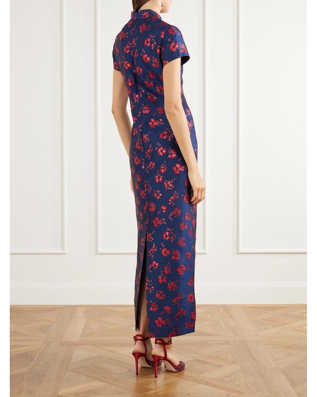 D'Estree Purple Celia Floral-Jacquard Taffeta Midi Dress