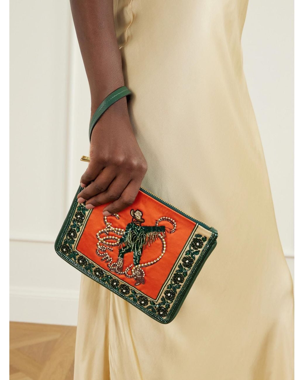 ALÉMAIS Red Ace Embellished Leather-Trimmed Satin Clutch