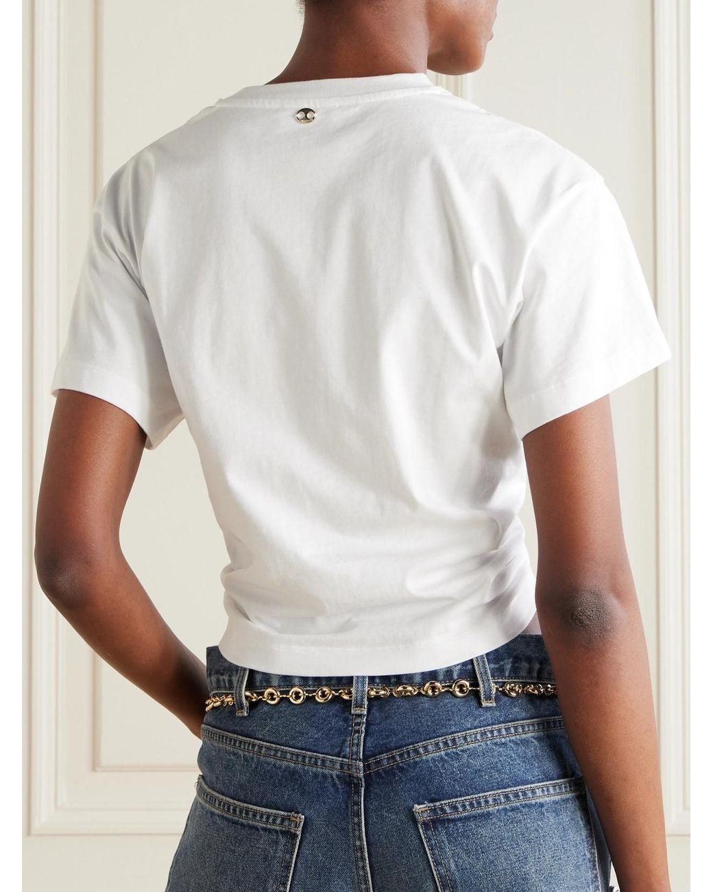 Rabanne White Cropped Embellished Gathered Cotton-Jersey T-Shirt