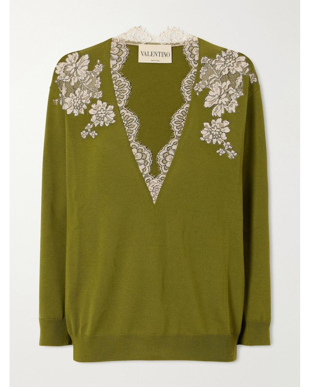 Valentino Garavani Green Lace-Trimmed Wool Sweater
