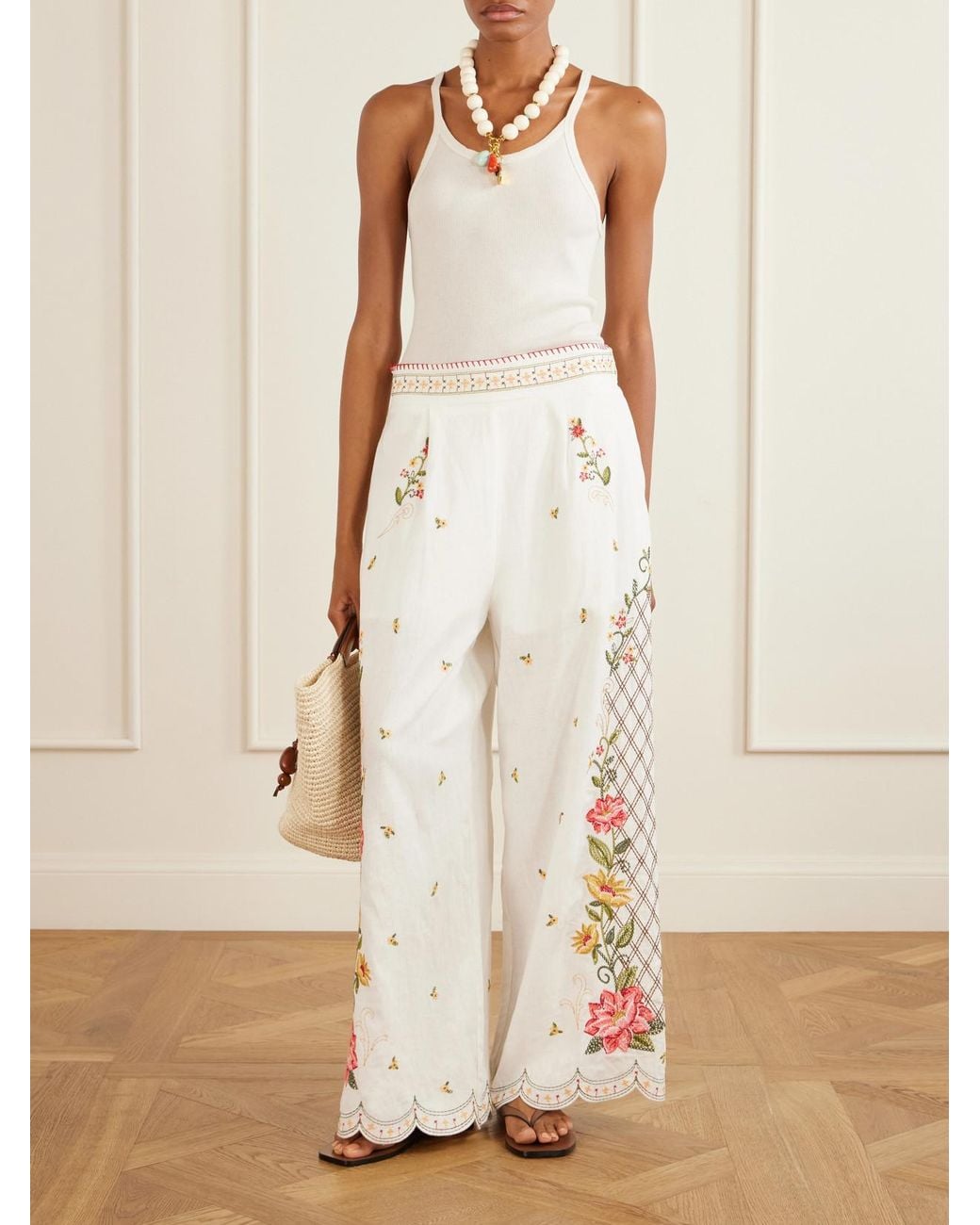 Farm Rio White Embroidered Linen-Blend Wide-Leg Pants