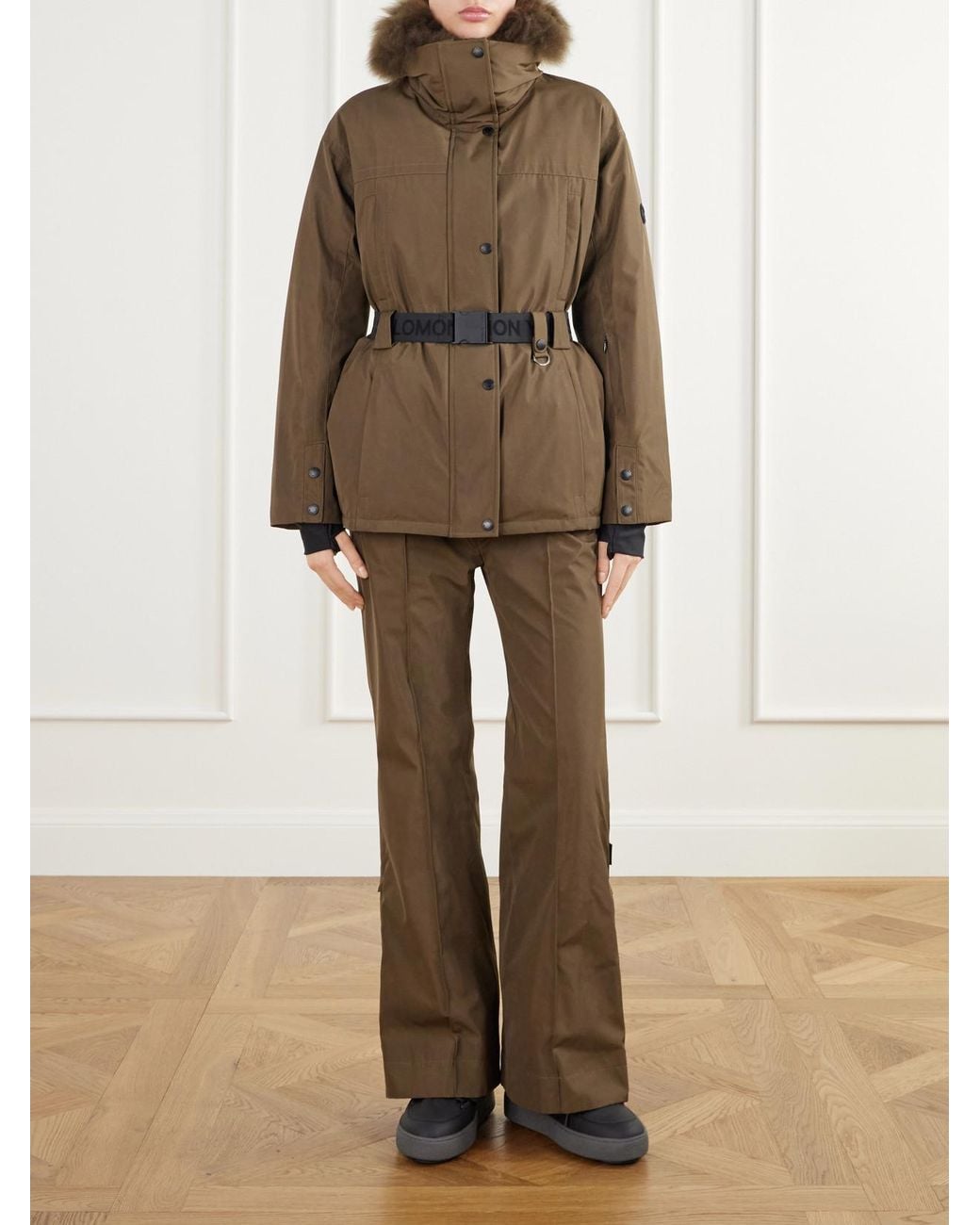 Yves Salomon Green Belted Hooded Shearling-Trimmed Shell Ski Jacket