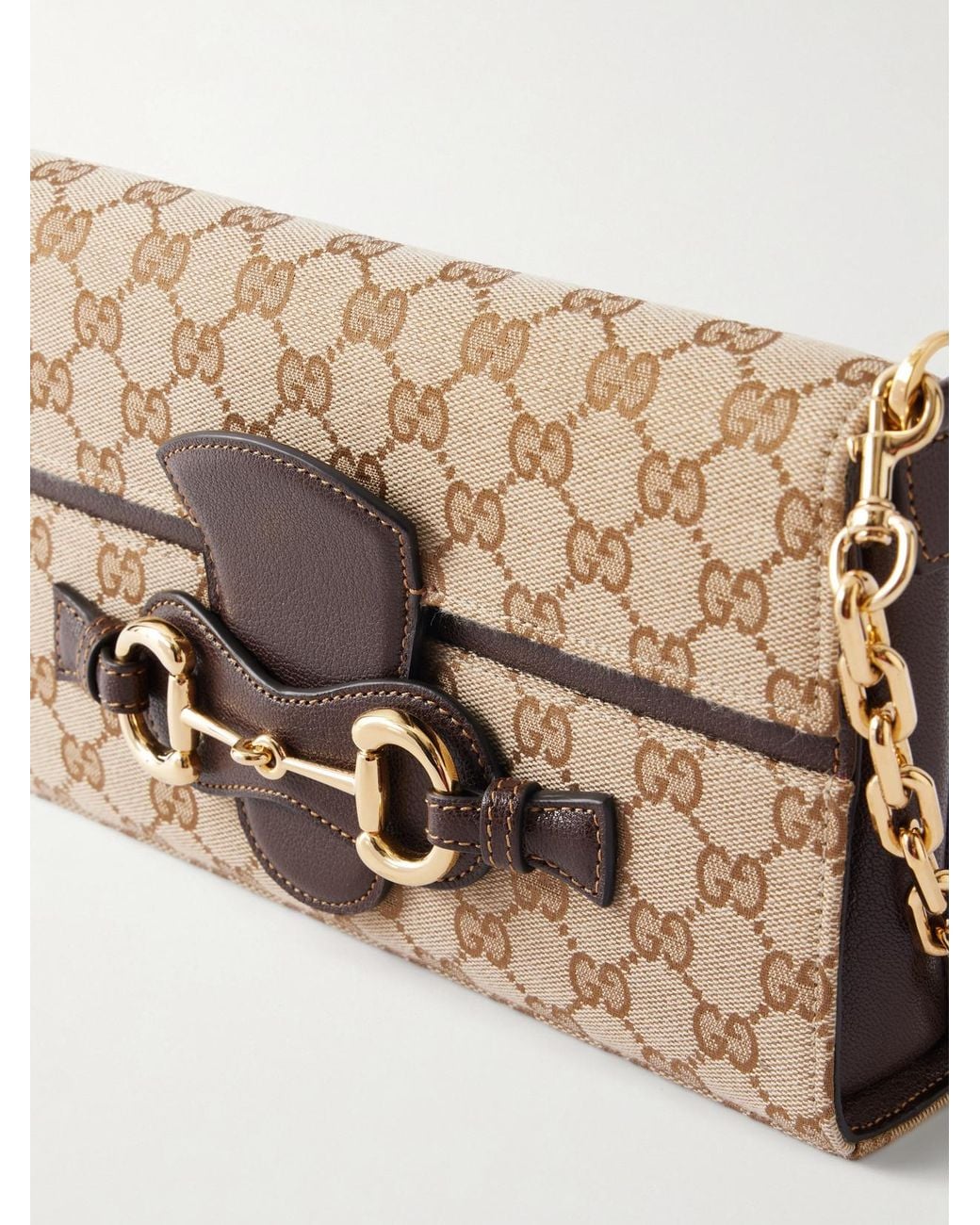 Gucci Natural Horsebit Ristretto Leather-Trimmed Canvas-Jacquard Shoulder Bag