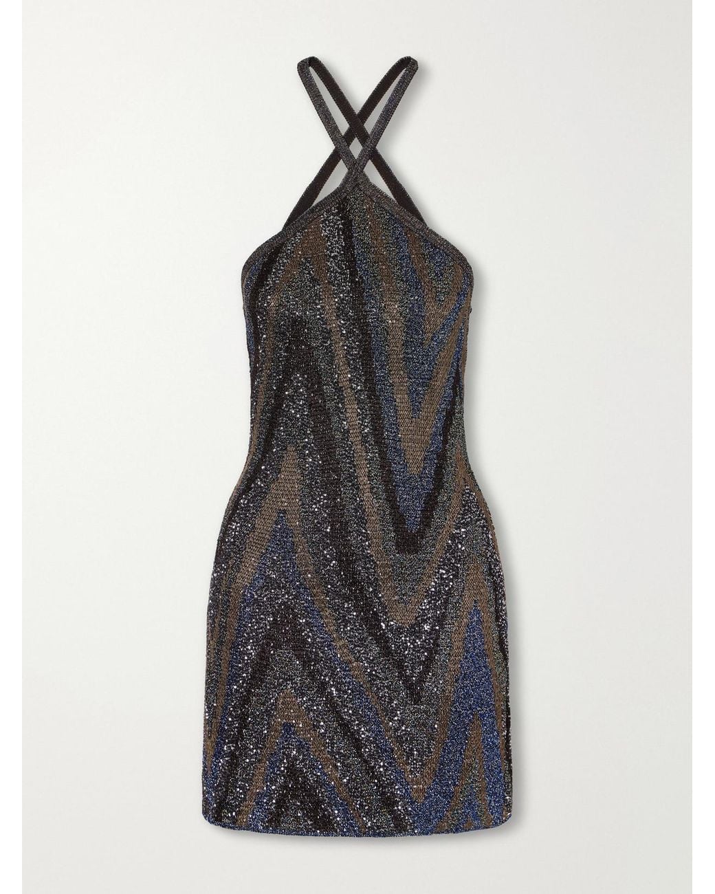 Missoni Multicolor Halterneck Sequin-Embellished Striped Metallic Crochet-Knit Mini Dress